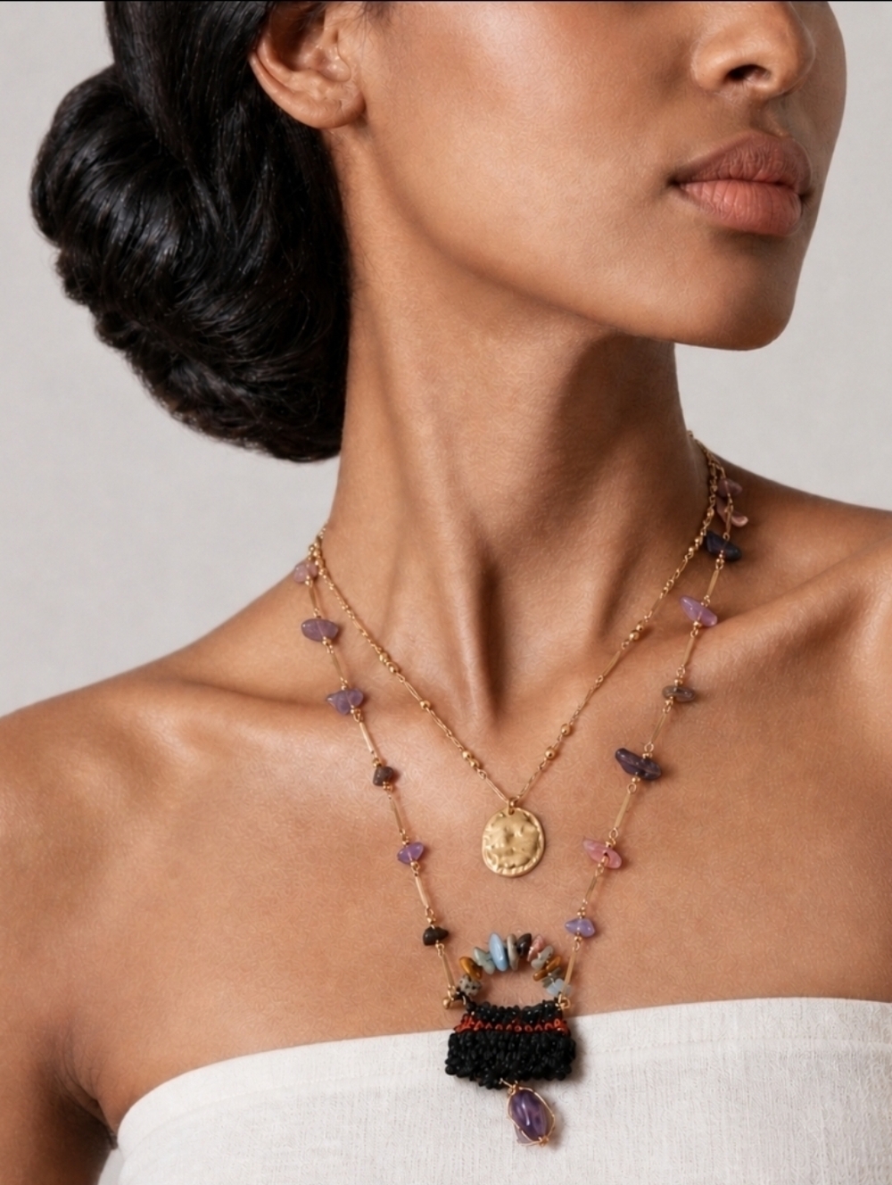 Zara Gold Tone, beads and knit 2 layer Necklace Set NEW